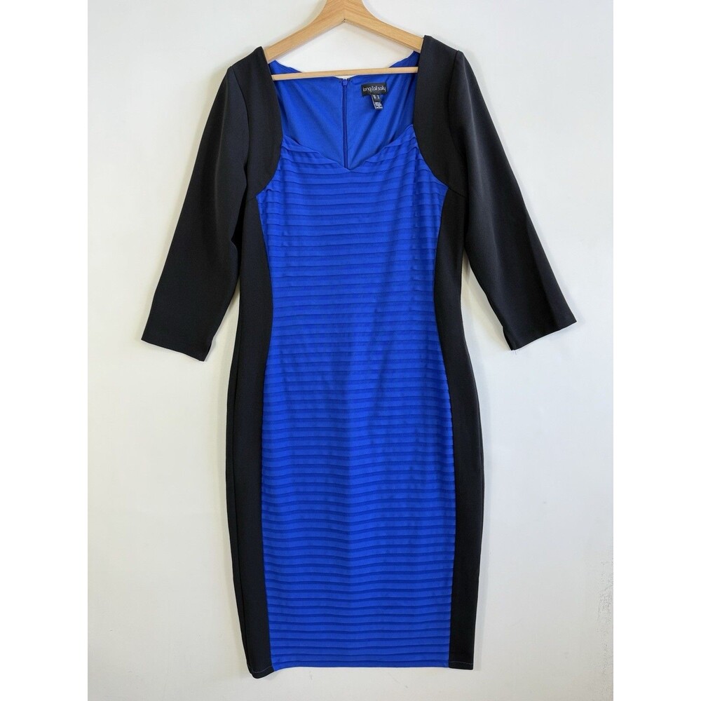Long Tall Sally Blue Black Pleated‎ Sweetheart 3/4 Sleeve Dress Women's Sz US 12